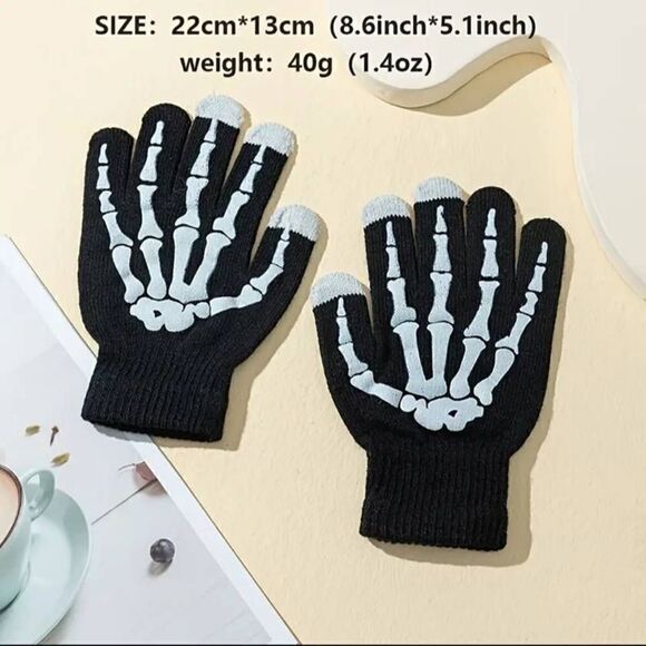 Halloween Black Knit Skeleton Touch Screen Gloves Unisex -A - Picture 3 of 3